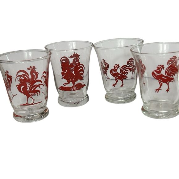 Vintage Red Rooster Juice Glasses Set 4 Farmhouse Diffferent Designs 3" Libbey? - Picture 1 of 9